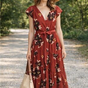 Free People Floral Maxi Dress in Rust Red